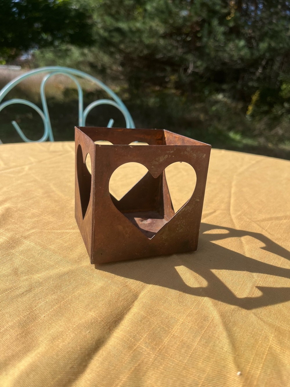 Metal Folk Art Rustic Square Candle Holder Heart Cutouts